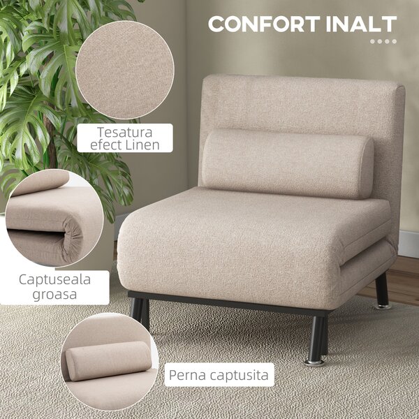 Fotoliu pat extensibil HOMCOM O Persoana cu Saltea si Perna Captusita, Cadru din Metal, Bej | Aosom Romania