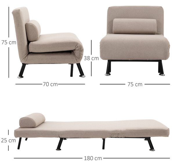 Fotoliu pat extensibil HOMCOM O Persoana cu Saltea si Perna Captusita, Cadru din Metal, Bej | Aosom Romania