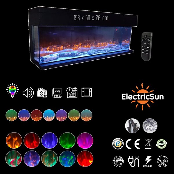 Semineu electric 3 laturi ElectricSun VISTA Mediu, pe perete, podea sau incorporabil, cu sunet, 10 culori, L153xH50cm (Resigilat)