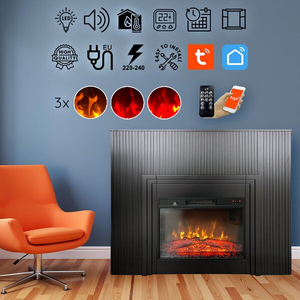 Semineu electric 3D cu riflaje ElectricSun LAMELIA negru mat, cu sunet, 3 culori, Wi-Fi cu APP internet, L120xH102cm