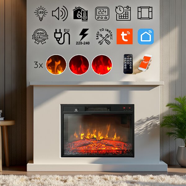 Focar electric 3D incorporabil ElectricSun Clasic 23 inch, cu sunet, 3 culori, Wi-Fi cu APP internet, L59xH44cm