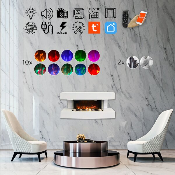 Semineu electric 3D ElectricSun Paula alb mic, cu sunet, 10 culori, Wi-Fi cu APP internet L81xH41x22cm