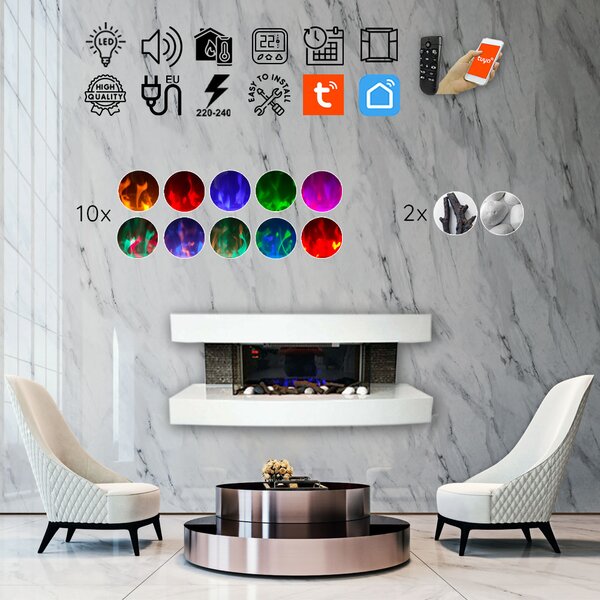 Semineu electric 3D ElectricSun Paula alb mediu, cu sunet, 10 culori, Wi-Fi cu APP internet, L120xH46x31cm
