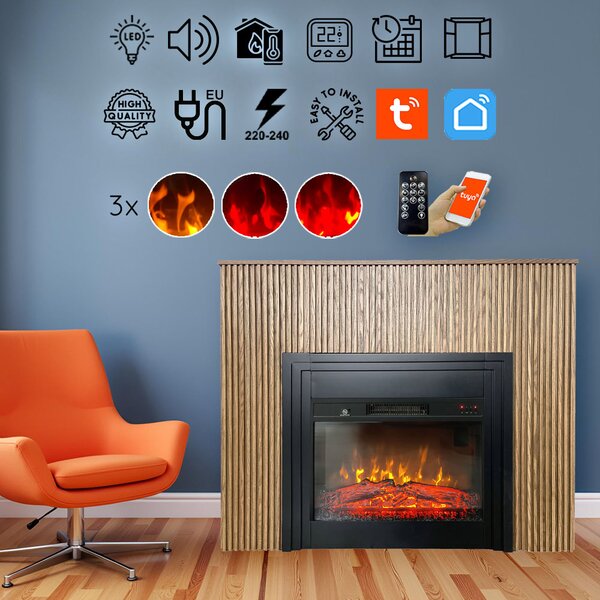 Semineu electric 3D cu riflaje ElectricSun LAMELIA stejar deschis, cu sunet, 3 culori, Wi-Fi cu APP internet, L120xH102cm
