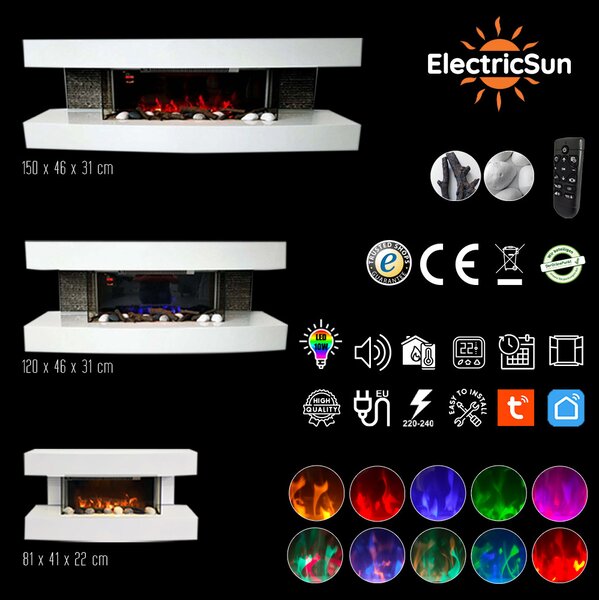 Semineu electric 3D ElectricSun Paula alb mic, cu sunet, 10 culori, Wi-Fi cu APP internet L81xH41x22cm