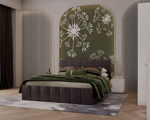 Pat tapitat Alex Gri inchis 180x200 cm + Set noptiere-Alb