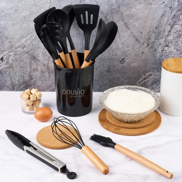 Set ustensile bucatarie 12 piese marime mare xl 1050g, lemn si silicon alimentar, termorezistente, antiaderente, suport blat, onuvio™ daria - negru