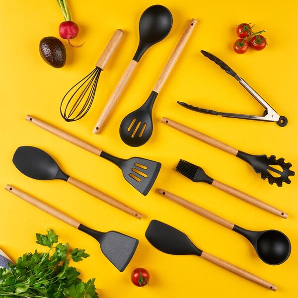 Set ustensile bucatarie 12 piese marime mare xl 1050g, lemn si silicon alimentar, termorezistente, antiaderente, suport blat, onuvio™ daria - negru