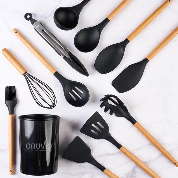 Set ustensile bucatarie 12 piese marime mare xl 1050g, lemn si silicon alimentar, termorezistente, antiaderente, suport blat, onuvio™ daria - negru