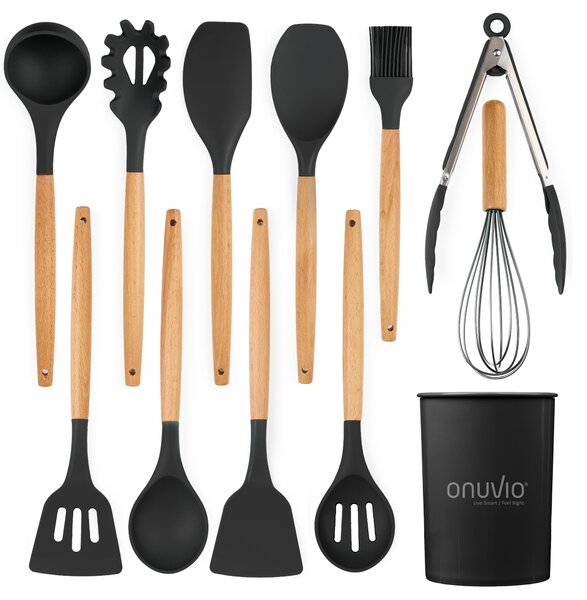 Set ustensile bucatarie 12 piese marime mare xl 1050g, lemn si silicon alimentar, termorezistente, antiaderente, suport blat, onuvio™ daria - negru