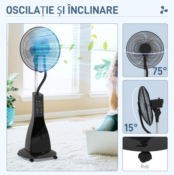 HOMCOM, Ventilator pe Picior, cu Pulverizare de Apă, Metal, ABS, 44.5 x 38.5 x 120 cm, Negru | Aosom Romania
