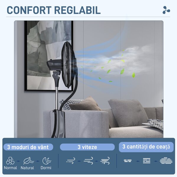 HOMCOM, Ventilator pe Picior, cu Pulverizare de Apă, Metal, ABS, 44.5 x 38.5 x 120 cm, Negru | Aosom Romania