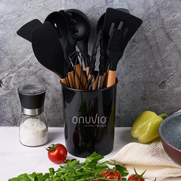 Set ustensile bucatarie 12 piese marime mare xl 1050g, lemn si silicon alimentar, termorezistente, antiaderente, suport blat, onuvio™ daria - negru