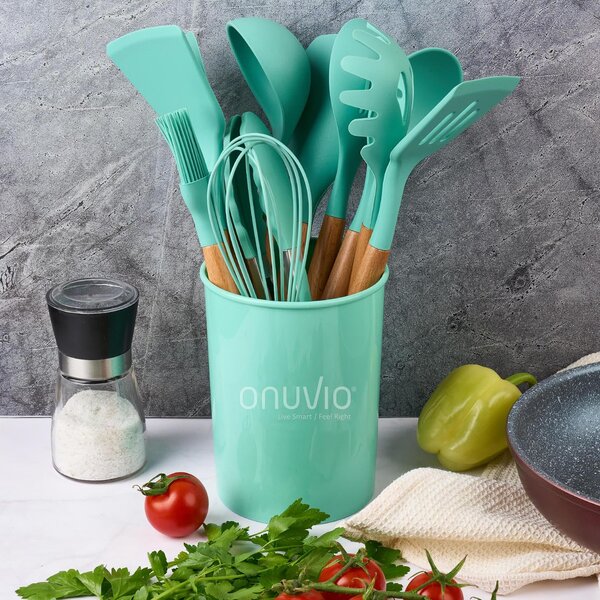 Set ustensile bucatarie 12 piese marime mare xl 1050g, lemn si silicon alimentar, termorezistente, antiaderente, suport blat, onuvio™ daria - turcoaz