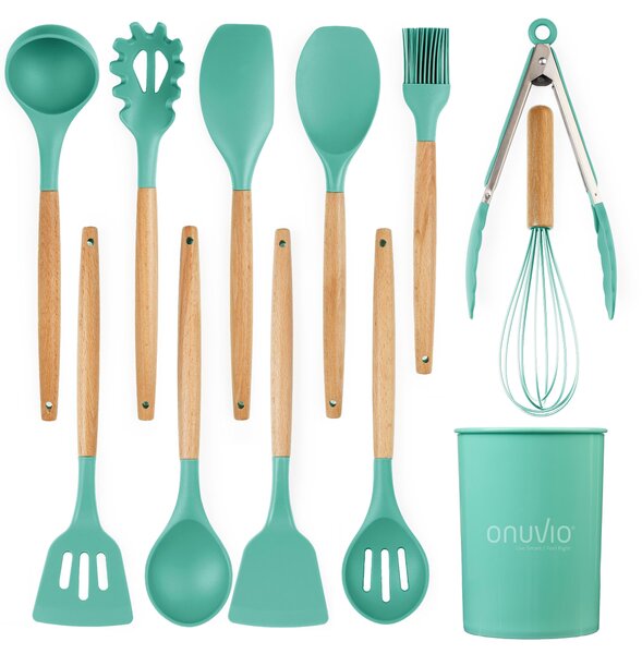 Set ustensile bucatarie 12 piese marime mare xl 1050g, lemn si silicon alimentar, termorezistente, antiaderente, suport blat, onuvio™ daria - turcoaz