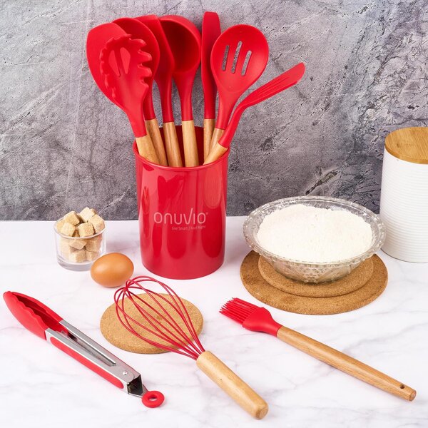 Set ustensile bucatarie 12 piese marime mare xl 1050g, lemn si silicon alimentar, termorezistente, antiaderente, suport blat, onuvio™ daria - rosu