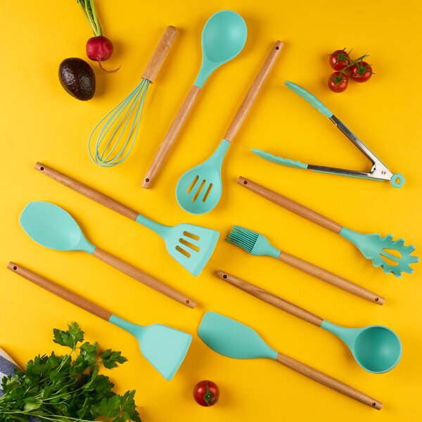 Set ustensile bucatarie 12 piese marime mare xl 1050g, lemn si silicon alimentar, termorezistente, antiaderente, suport blat, onuvio™ daria - turcoaz
