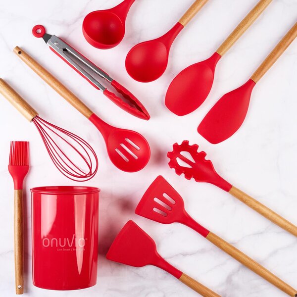 Set ustensile bucatarie 12 piese marime mare xl 1050g, lemn si silicon alimentar, termorezistente, antiaderente, suport blat, onuvio™ daria - rosu