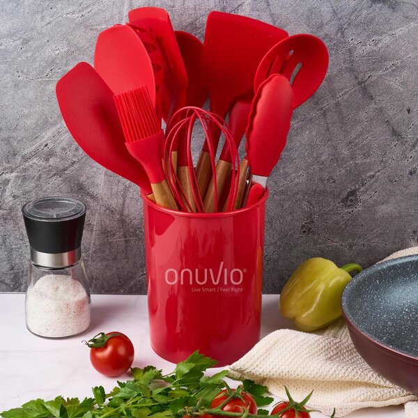 Set ustensile bucatarie 12 piese marime mare xl 1050g, lemn si silicon alimentar, termorezistente, antiaderente, suport blat, onuvio™ daria - rosu