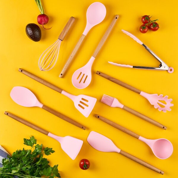 Set ustensile bucatarie 12 piese marime mare xl 1050g, lemn si silicon alimentar, termorezistente, antiaderente, suport blat, onuvio™ daria - roz