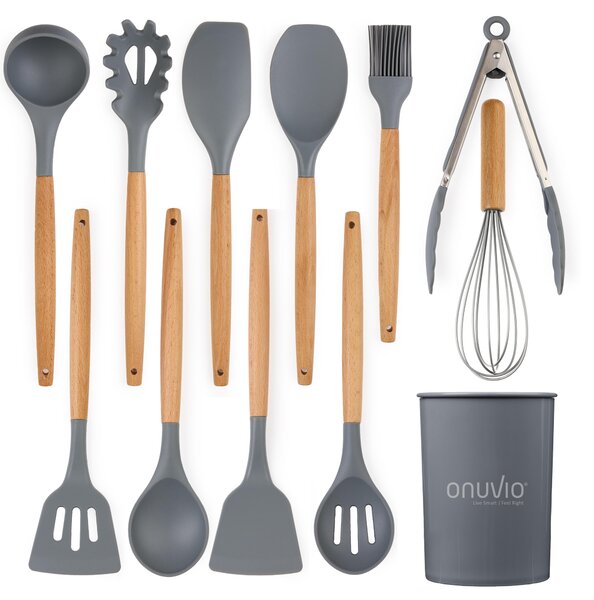 Set ustensile bucatarie 12 piese marime mare xl 1050g, lemn si silicon alimentar, termorezistente, antiaderente, suport blat, onuvio™ daria - gri