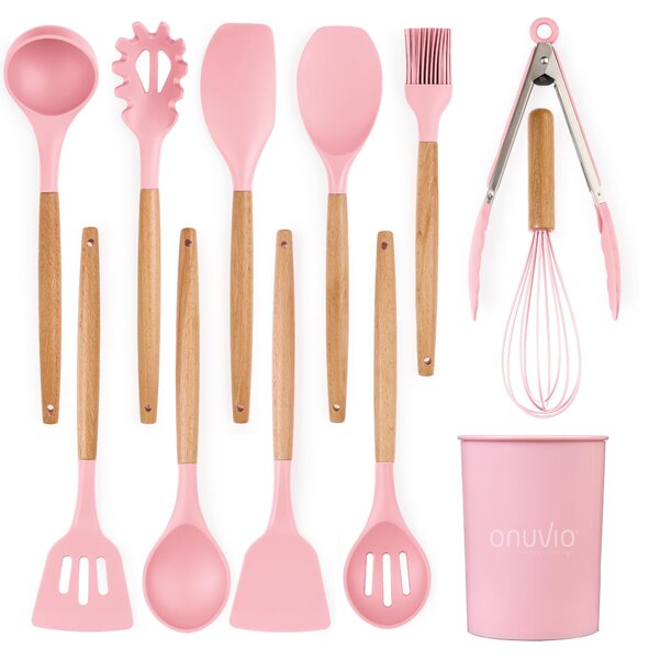 Set ustensile bucatarie 12 piese marime mare xl 1050g, lemn si silicon alimentar, termorezistente, antiaderente, suport blat, onuvio™ daria - roz