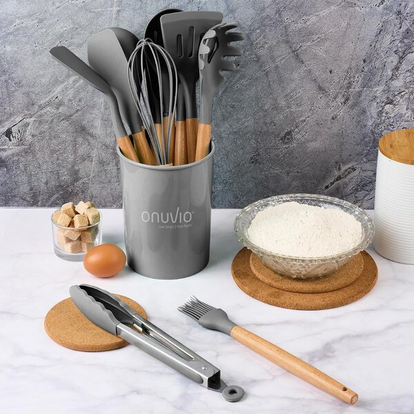 Set ustensile bucatarie 12 piese marime mare xl 1050g, lemn si silicon alimentar, termorezistente, antiaderente, suport blat, onuvio™ daria - gri