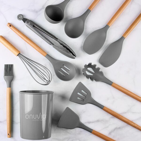 Set ustensile bucatarie 12 piese marime mare xl 1050g, lemn si silicon alimentar, termorezistente, antiaderente, suport blat, onuvio™ daria - gri