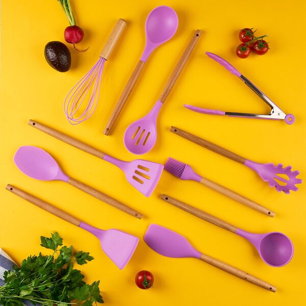 Set ustensile bucatarie 12 piese marime mare xl 1050g, lemn si silicon alimentar, termorezistente, antiaderente, suport blat, onuvio™ daria - mov