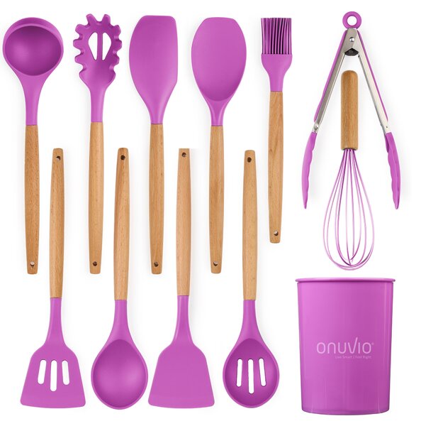 Set ustensile bucatarie 12 piese marime mare xl 1050g, lemn si silicon alimentar, termorezistente, antiaderente, suport blat, onuvio™ daria - mov
