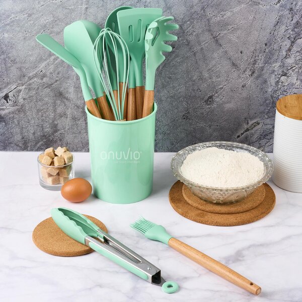 Set ustensile bucatarie 12 piese marime mare xl 1050g, lemn si silicon alimentar, termorezistente, antiaderente, suport blat, onuvio™ daria - verde menta