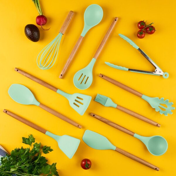 Set ustensile bucatarie 12 piese marime mare xl 1050g, lemn si silicon alimentar, termorezistente, antiaderente, suport blat, onuvio™ daria - verde menta
