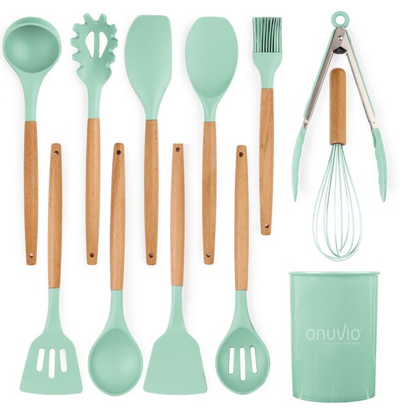Set ustensile bucatarie 12 piese marime mare xl 1050g, lemn si silicon alimentar, termorezistente, antiaderente, suport blat, onuvio™ daria - verde menta