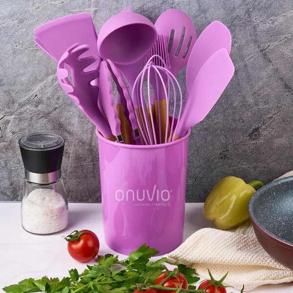 Set ustensile bucatarie 12 piese marime mare xl 1050g, lemn si silicon alimentar, termorezistente, antiaderente, suport blat, onuvio™ daria - mov