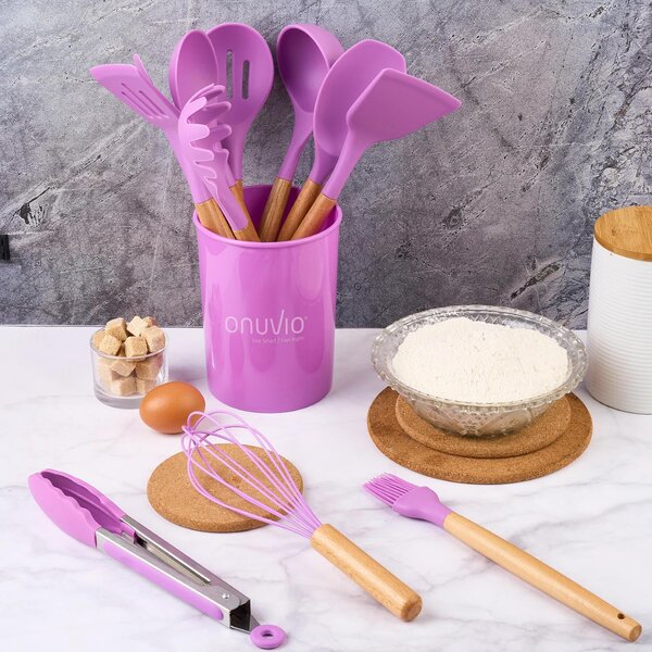 Set ustensile bucatarie 12 piese marime mare xl 1050g, lemn si silicon alimentar, termorezistente, antiaderente, suport blat, onuvio™ daria - mov