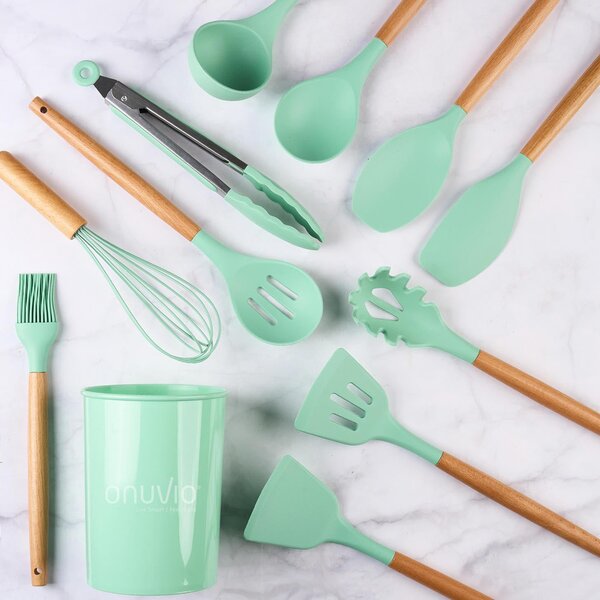 Set ustensile bucatarie 12 piese marime mare xl 1050g, lemn si silicon alimentar, termorezistente, antiaderente, suport blat, onuvio™ daria - verde menta