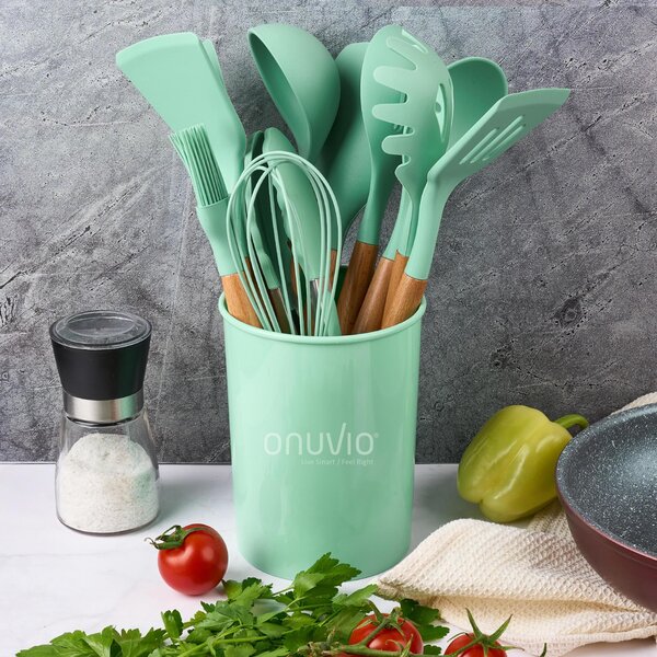 Set ustensile bucatarie 12 piese marime mare xl 1050g, lemn si silicon alimentar, termorezistente, antiaderente, suport blat, onuvio™ daria - verde menta