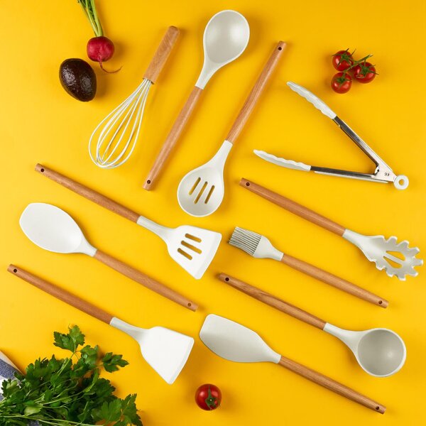 Set ustensile bucatarie 12 piese marime mare xl 1050g, lemn si silicon alimentar, termorezistente, antiaderente, suport blat, onuvio™ daria - alb