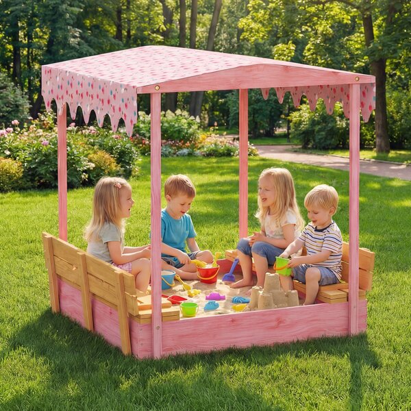 AIYAPLAY Ladă de Nisip pentru Copii 3-6 Ani cu Acoperiș cu Flamingo, Scaune Pliabile, Capac și Husă Incluse, Ladă de Joacă din Lemn de Brad, 134,5x127,5x130 cm, Roz | Aosom Romania