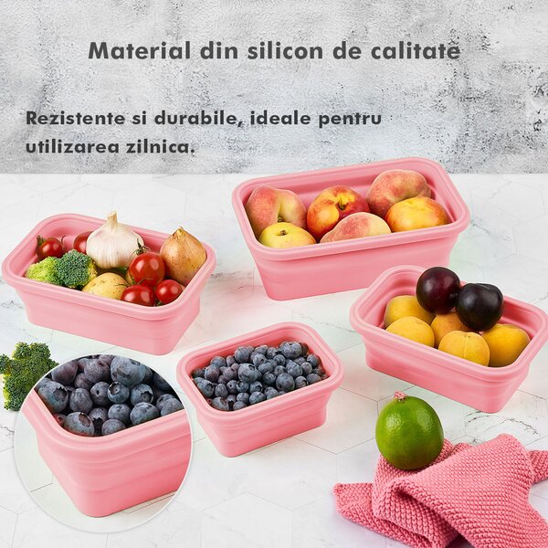 Set 4 caserole pliabile extensibile dreptunghiulare onuvio® din silicon alimentar cu capac - 350 ml, 500 ml, 800 ml, 1200 ml, rezistente de la -40 la 200°c, pentru păstrat, Încălzit și transpor
