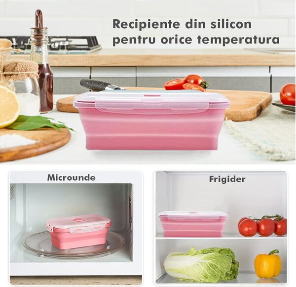 Set 4 caserole pliabile extensibile dreptunghiulare onuvio® din silicon alimentar cu capac - 350 ml, 500 ml, 800 ml, 1200 ml, rezistente de la -40 la 200°c, pentru păstrat, Încălzit și transpor