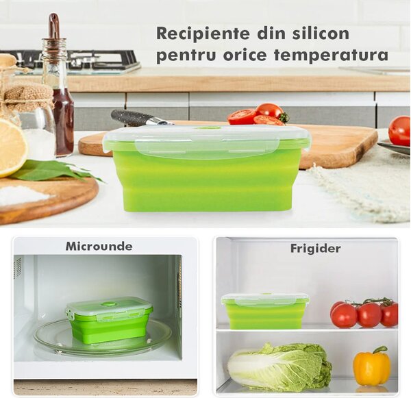 Set 4 caserole pliabile extensibile dreptunghiulare onuvio® din silicon alimentar cu capac - 350 ml, 500 ml, 800 ml, 1200 ml, rezistente de la -40 la 200°c, pentru păstrat, Încălzit și transpor