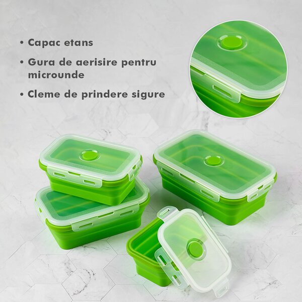 Set 4 caserole pliabile extensibile dreptunghiulare onuvio® din silicon alimentar cu capac - 350 ml, 500 ml, 800 ml, 1200 ml, rezistente de la -40 la 200°c, pentru păstrat, Încălzit și transpor
