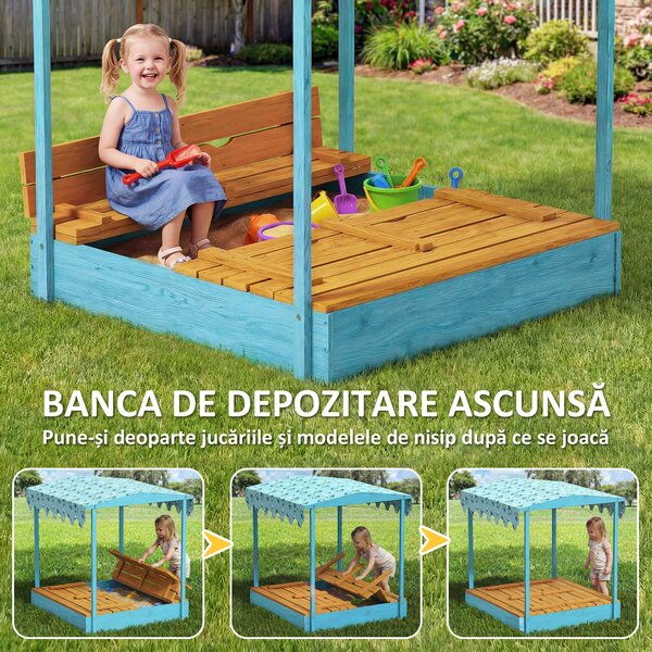 AIYAPLAY Lădiță cu Nisip pentru Copii 3-6 Ani cu Acoperiș Dinosauri, Bănci Pliabile, Capac și Husă Incluse, Lădiță de Nisip din Lemn de Brad, 134,5x127,5x130 cm, Albastru | Aosom Romania