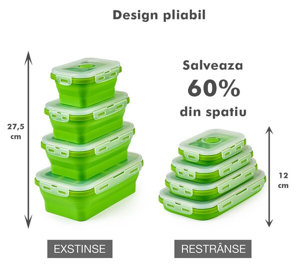 Set 4 caserole pliabile extensibile dreptunghiulare onuvio® din silicon alimentar cu capac - 350 ml, 500 ml, 800 ml, 1200 ml, rezistente de la -40 la 200°c, pentru păstrat, Încălzit și transpor