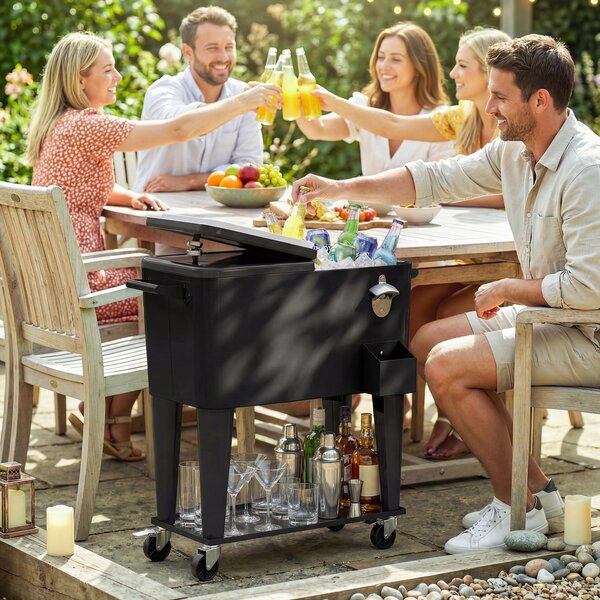 Outsunny Cărucior Frigider 76L cu raft, Deschizător de sticle și Colector de capace, din Plastic și Oțel, 91x39x84.5 cm, Negru | Aosom Romania