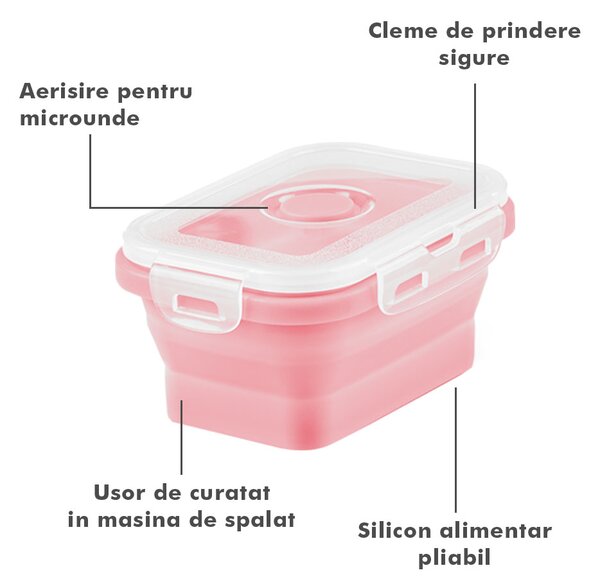 Set 4 caserole pliabile extensibile dreptunghiulare onuvio® din silicon alimentar cu capac - 350 ml, 500 ml, 800 ml, 1200 ml, rezistente de la -40 la 200°c, pentru păstrat, Încălzit și transpor