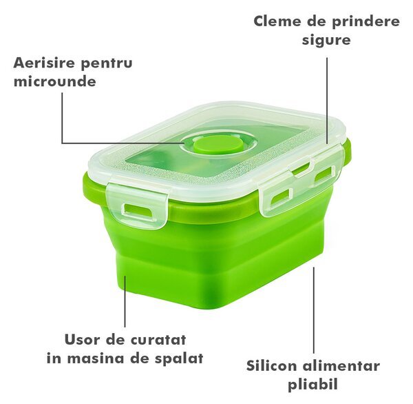 Set 4 caserole pliabile extensibile dreptunghiulare onuvio® din silicon alimentar cu capac - 350 ml, 500 ml, 800 ml, 1200 ml, rezistente de la -40 la 200°c, pentru păstrat, Încălzit și transpor