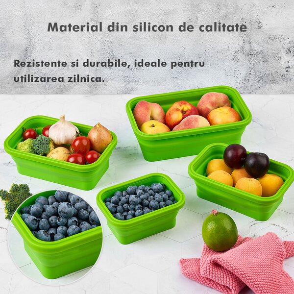 Set 4 caserole pliabile extensibile dreptunghiulare onuvio® din silicon alimentar cu capac - 350 ml, 500 ml, 800 ml, 1200 ml, rezistente de la -40 la 200°c, pentru păstrat, Încălzit și transpor
