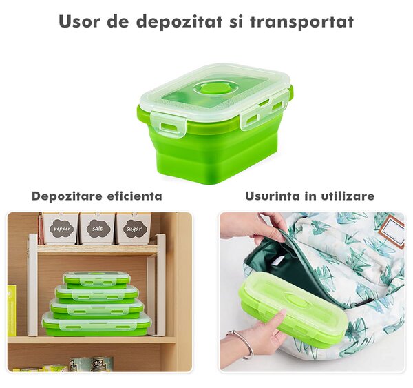 Set 4 caserole pliabile extensibile dreptunghiulare onuvio® din silicon alimentar cu capac - 350 ml, 500 ml, 800 ml, 1200 ml, rezistente de la -40 la 200°c, pentru păstrat, Încălzit și transpor